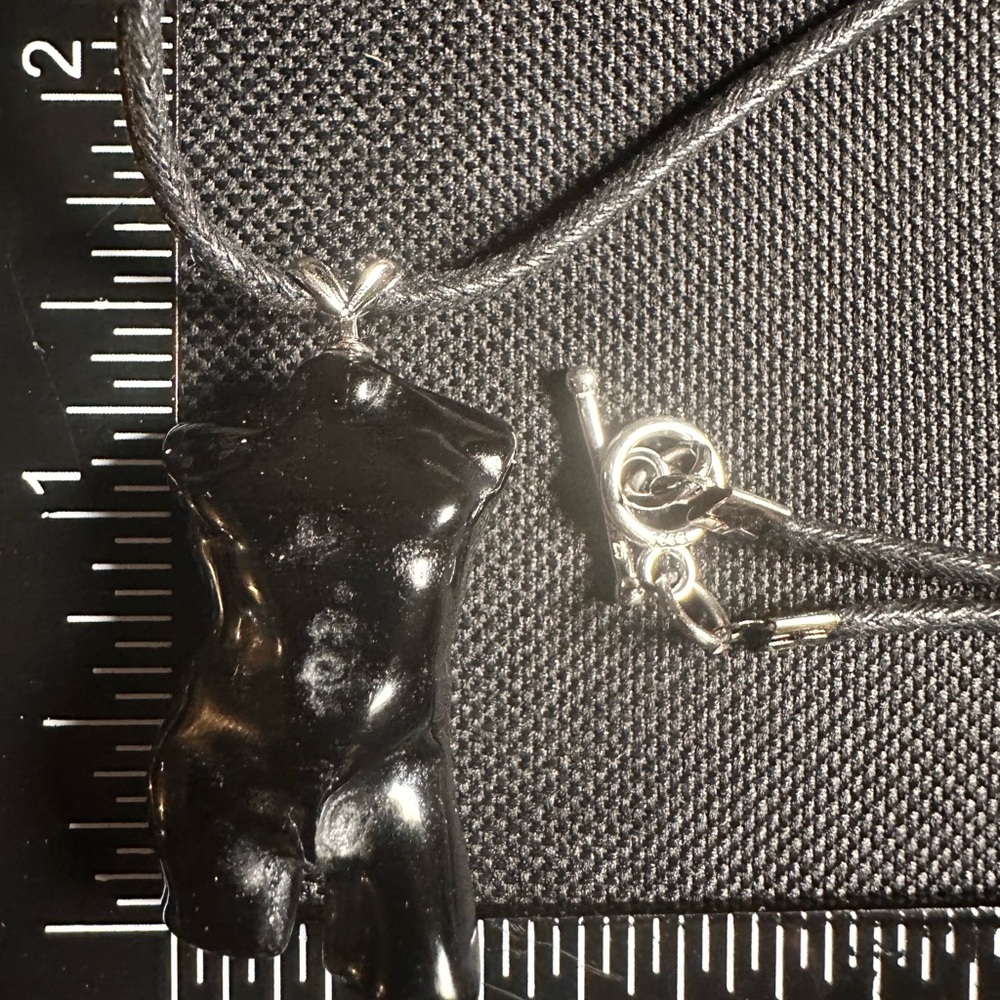 Black Obsidian Male Body Pendant Necklace on Black Rope, Sterling Silver Clasp - Picture 9 of 10